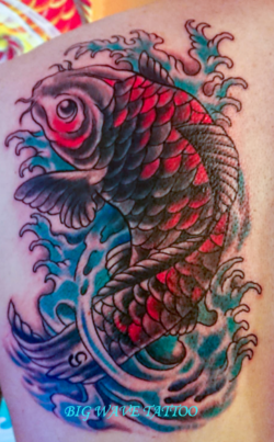 Asiatisches Koi-Tattoo mit Wasser in Farbe