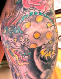 Detailansicht eines japanischen Tattoos mit einem Wächterlöwen (Karashishi). Das Fabelwesen ist in Graustufen schattiert und mit leuchtend gelben Kreisen auf dem Rücken verziert. Direkt über dem Löwen befindet sich eine große, farbintensive Pfingstrose (Botan) in Pink und Rosa mit grünen Blättern, gestochen von BIG WAVE TATTOO PRIVATE & ART.