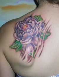Farbgestochenes japanisches Pfingstrosen-Tattoo (Botan) auf der linken Schulter beziehungsweise dem oberen Rücken. Die Blüte ist in Violett und Lila mit gelbem Kern und grünen Blättern gehalten. Drei dynamische, hautfarbene Krallenspuren-Effekte durchbrechen das florale Motiv, gestochen von BIG WAVE TATTOO PRIVATE & ART.
