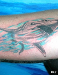Nahaufnahme eines tätowierten Weißen Hais im Old-School-Stil mit weit geöffnetem Maul, umschlossen von hellblauen und türkisfarbenen Meereswellen, gestochen von BIG WAVE TATTOO PRIVATE & ART.