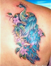 Jjapanischer Phönix (Hōō) im Pfauen-Stil mit pinken Blüten – von BIG WAVE TATTOO PRIVATE & ART.