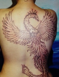 Großflächiges japanisches Rückentattoo einer Frau (Full Backpiece). Zu sehen ist das präzise gestochene Linework eines riesigen Phönix (Hōō) mit weit geöffneten Flügeln auf den Schultern. Die langen, reich verzierten Schwanzfedern fließen kunstvoll über den unteren Rücken und die rechte Hüfte, gestochen von BIG WAVE TATTOO PRIVATE & ART.